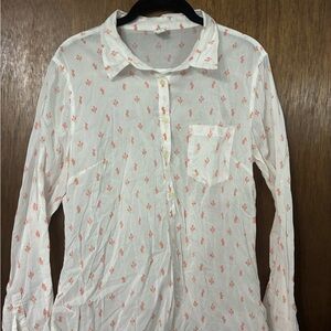 GAP White Long-Sleeve Half-Button Blouse with Coral Cactus Print